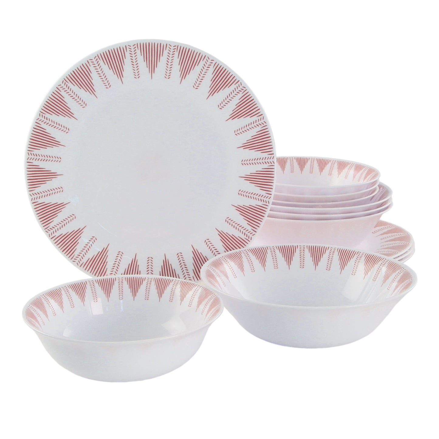 Ultra by Gibson Piper Point 12 Piece Opal Glass Dinnerware Set in White With Red Accents W2B