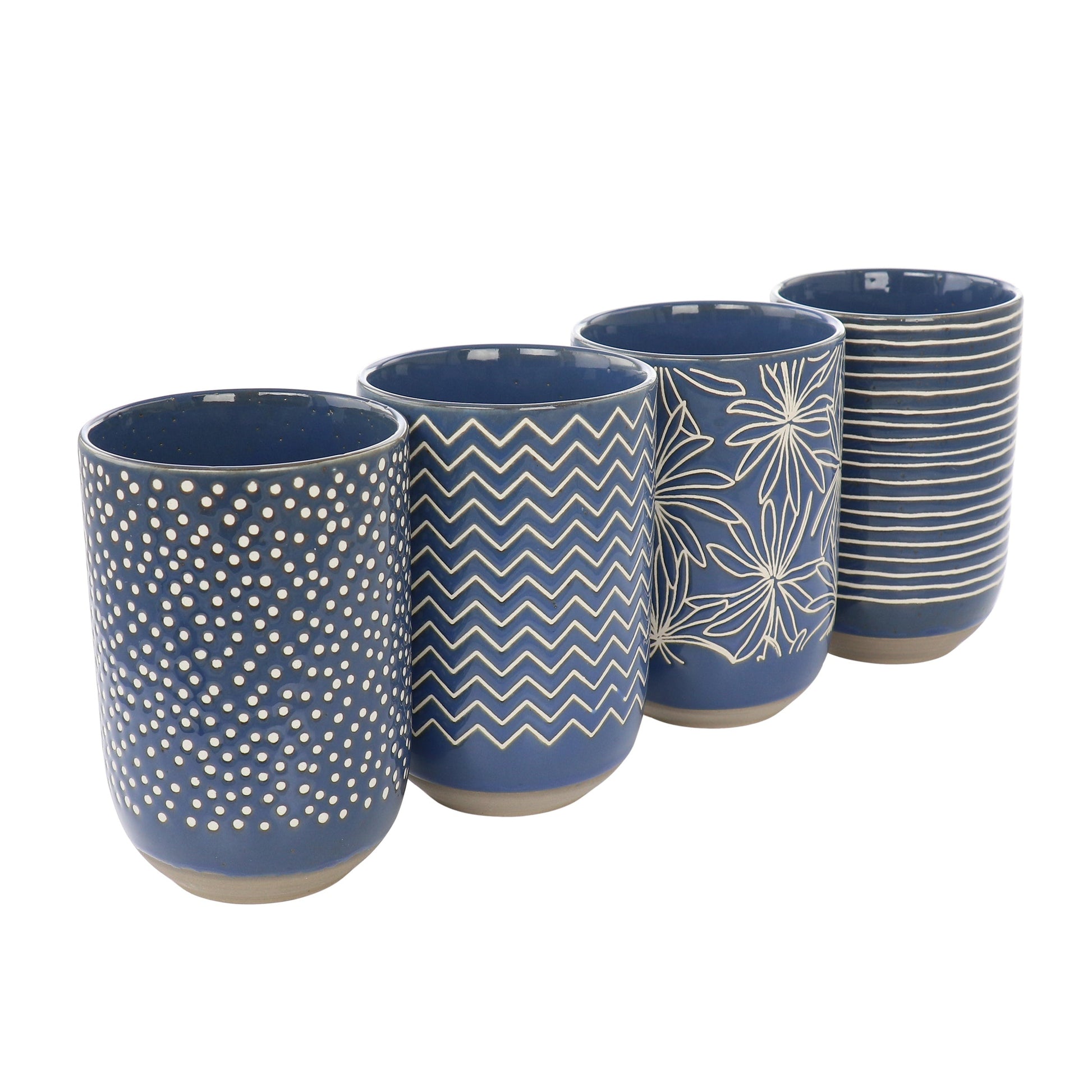 Laurie Gates Madrina 4 Piece 19 Ounce Stoneware Assorted Designs Mug Set in Blue W2B