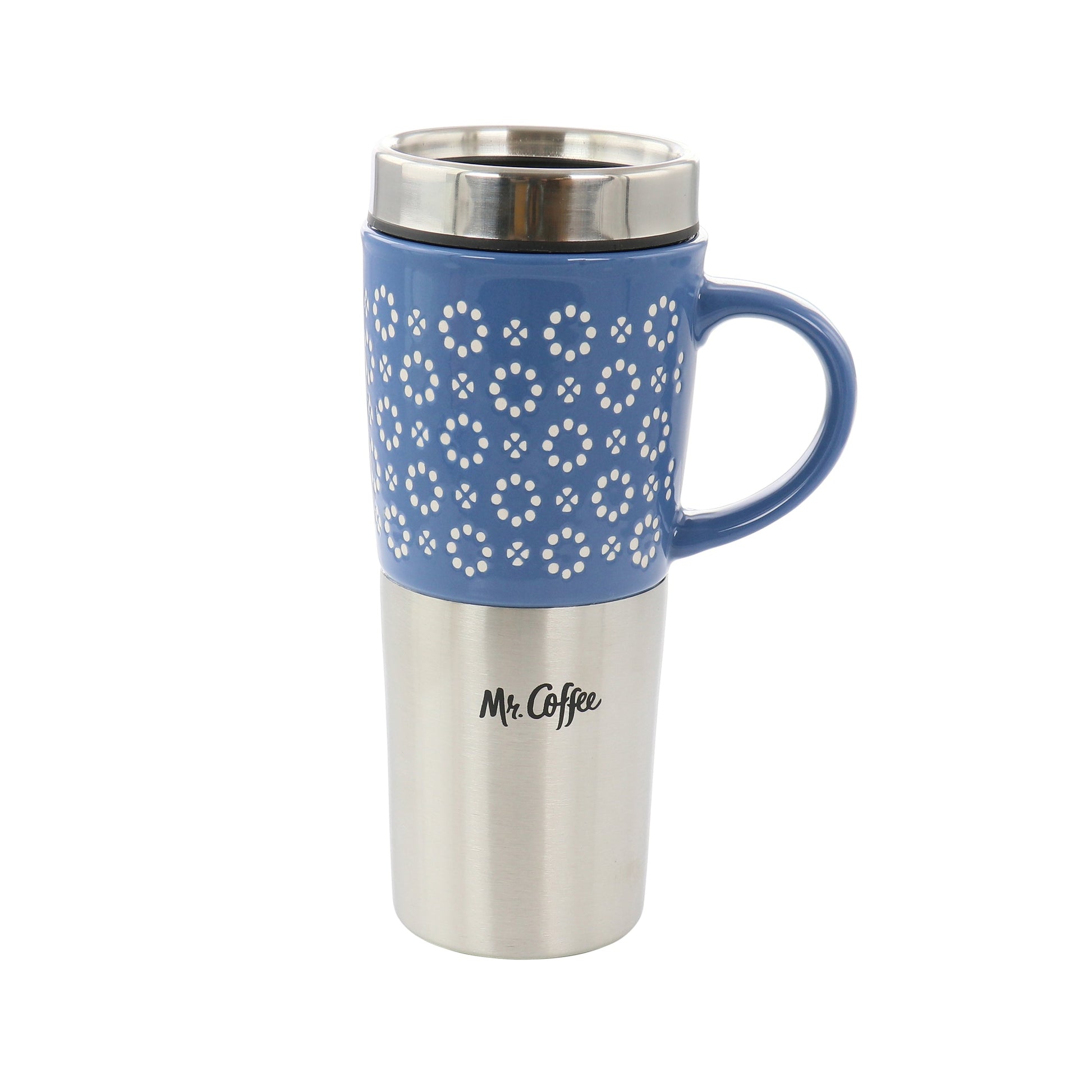 Mr. Coffee Travertine 16 Ounce Stoneware and Stainless Steel Travel Mug With Lid in Blue W2B