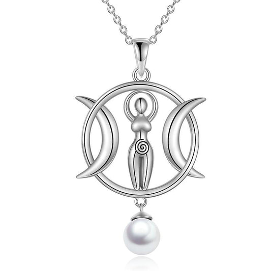 Triple Moon Goddess Necklace Amulet Wizard Pendant with Shell Pearl Necklace for Women LadyShow.Store