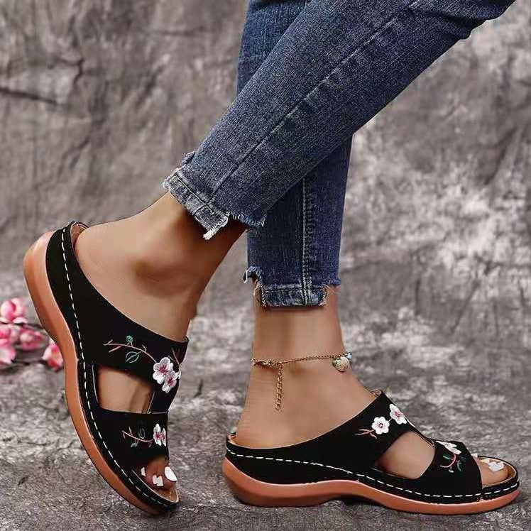 Wedge Heel Retro Stitched Embroidered Ethnic Style Women's Platform Slippers LadyShow.Store