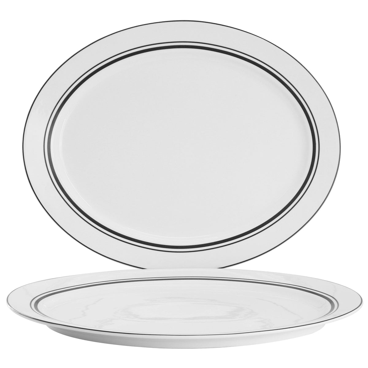 Sur La Table 2 Piece 14 Inch Ceramic Oval Serving Platter in White with Black Bands W2B