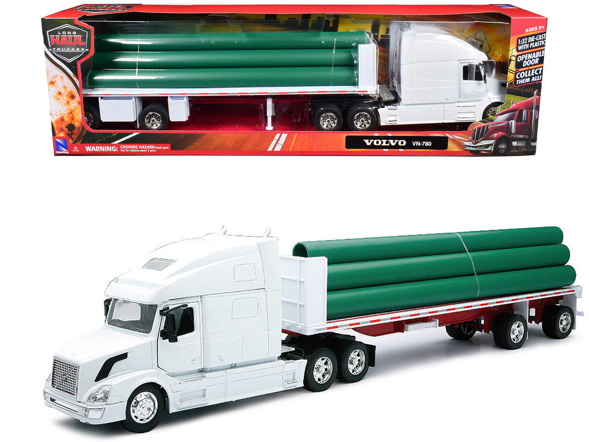 Volvo VN-780 Truck with Flatbed Trailer and Long Pipes White "Long Haul Truckers" Series 1/32 Diecast Model by New Ray New Ray