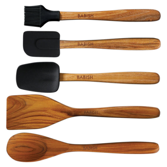 Babish 5 Piece Wood and Silicone Essential Kitchen Tool Set in Brown W2B