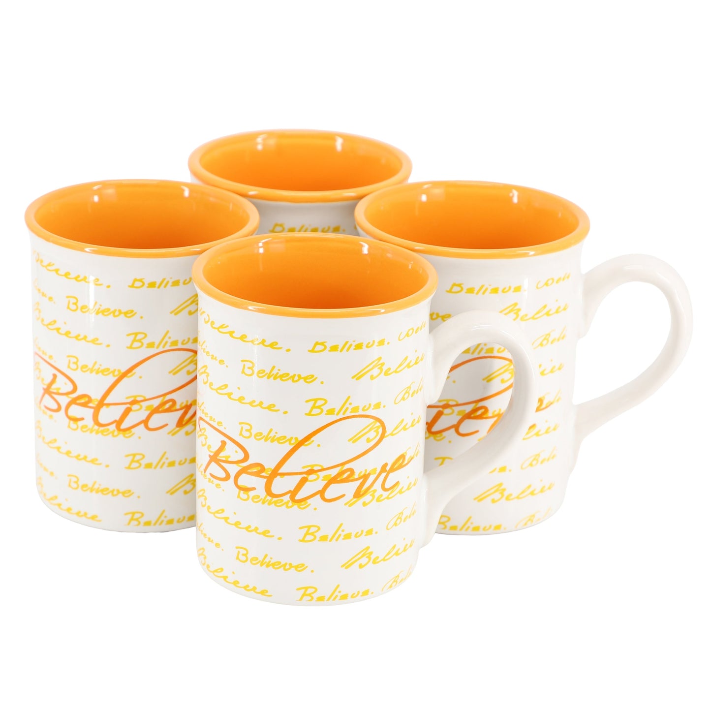 Gibson Home Inspirational Words Believe 4 Piece 16 Ounce Stoneware Mug Set in Orange W2B