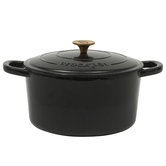 Crock Pot Artisan 7 Quart Round Enameled Cast Iron Dutch Oven in Black with Gold Handle W2B