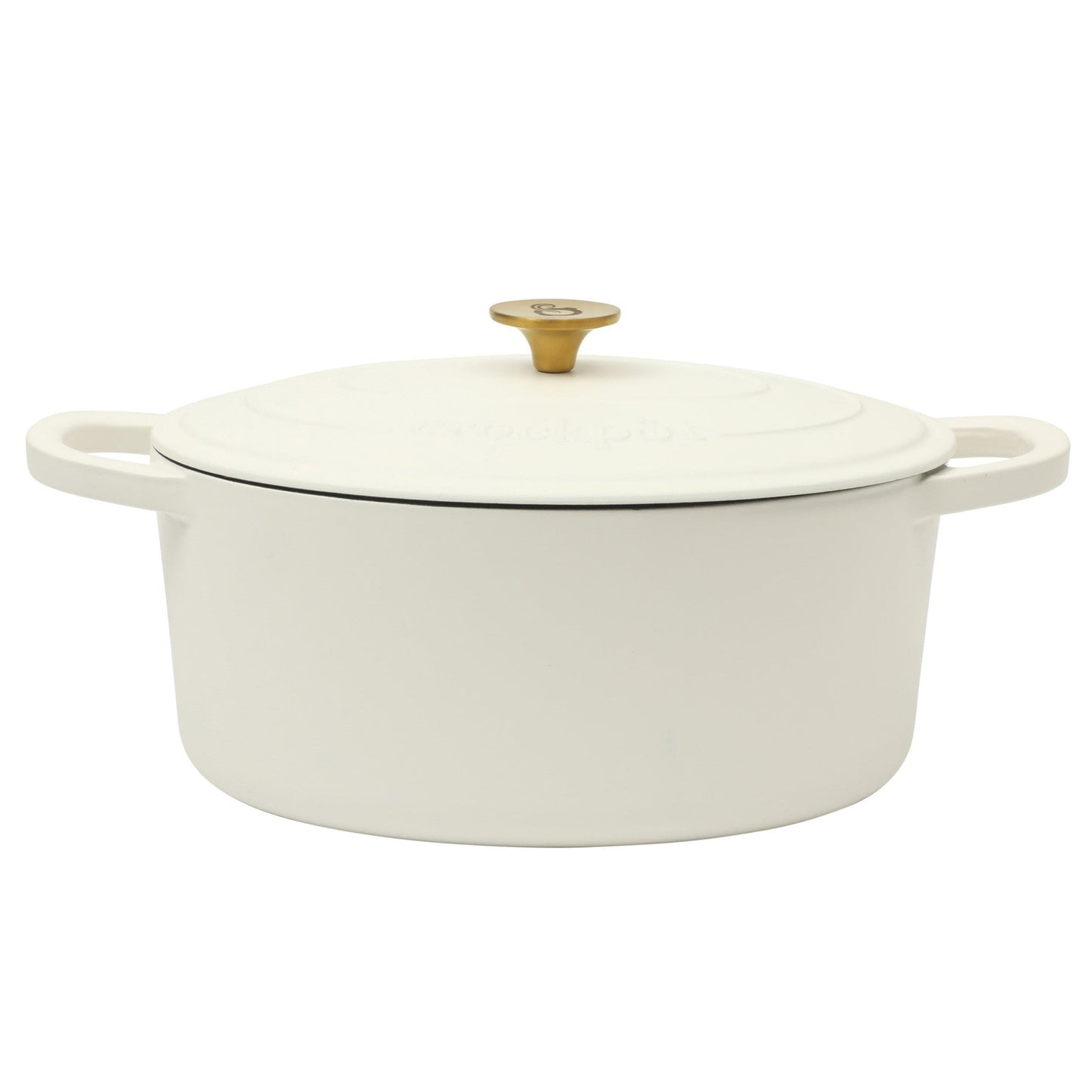 Crock Pot Artisan 7 Quart Oval Enameled Cast Iron Dutch Oven in Linen with Gold Handle W2B