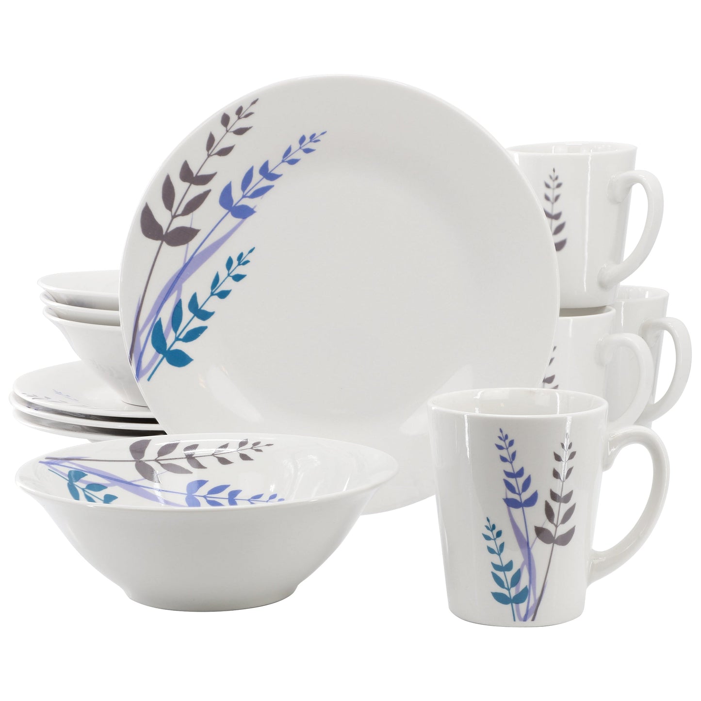 Gibson Home Blue Leaves 12 Piece Round Fine Ceramic Decorated Dinnerware Set in White W2B