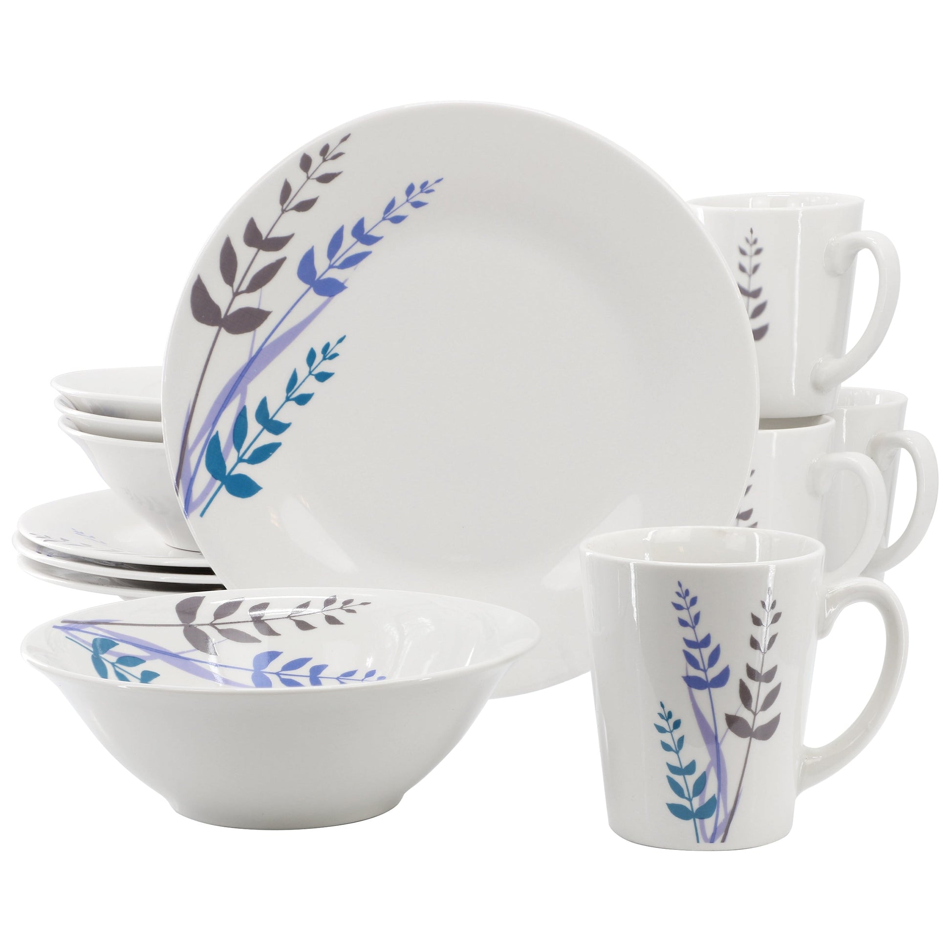 Gibson Home Blue Leaves 12 Piece Round Fine Ceramic Decorated Dinnerware Set in White W2B