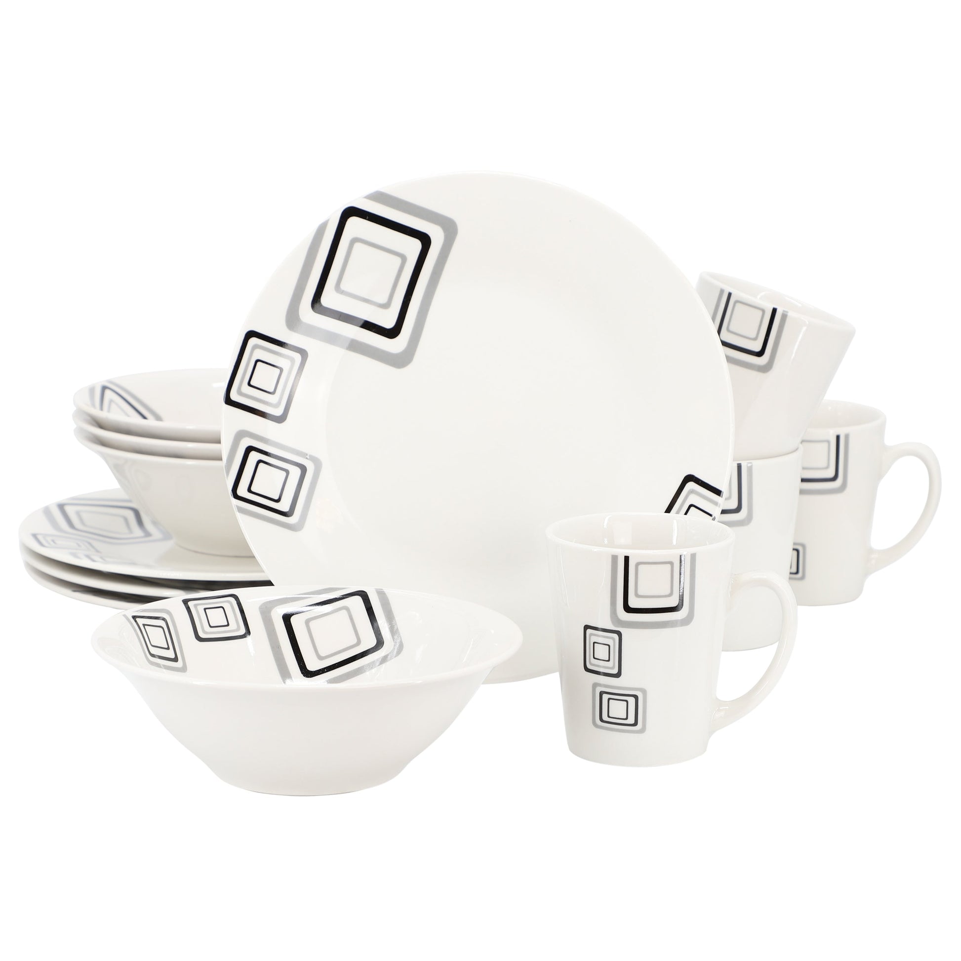 Gibson Home Black Squares 12 Piece Round Fine Ceramic Dinnerware Set in White W2B