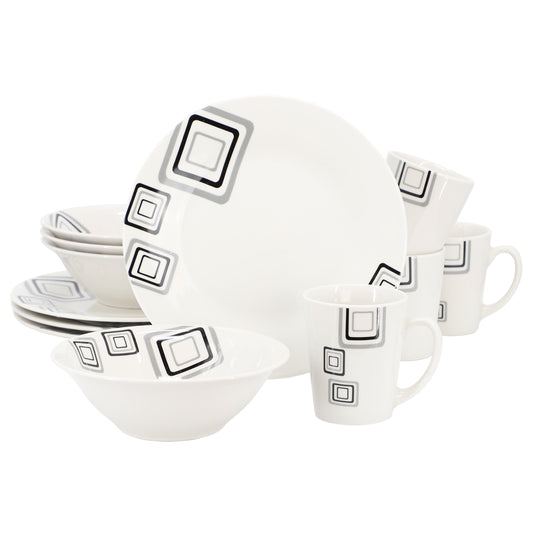 Gibson Home Black Squares 12 Piece Round Fine Ceramic Dinnerware Set in White W2B