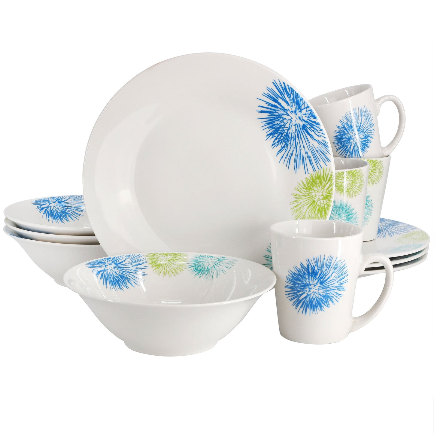 Gibson Home Blue Meadow 12 Piece Fine Ceramic Dinnerware Set in White with Colored Accents W2B