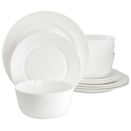 Ultra by Gibson Swanton Stripe 12 Piece Break-Resistant Opal Glass Dinnerware Set in White W2B