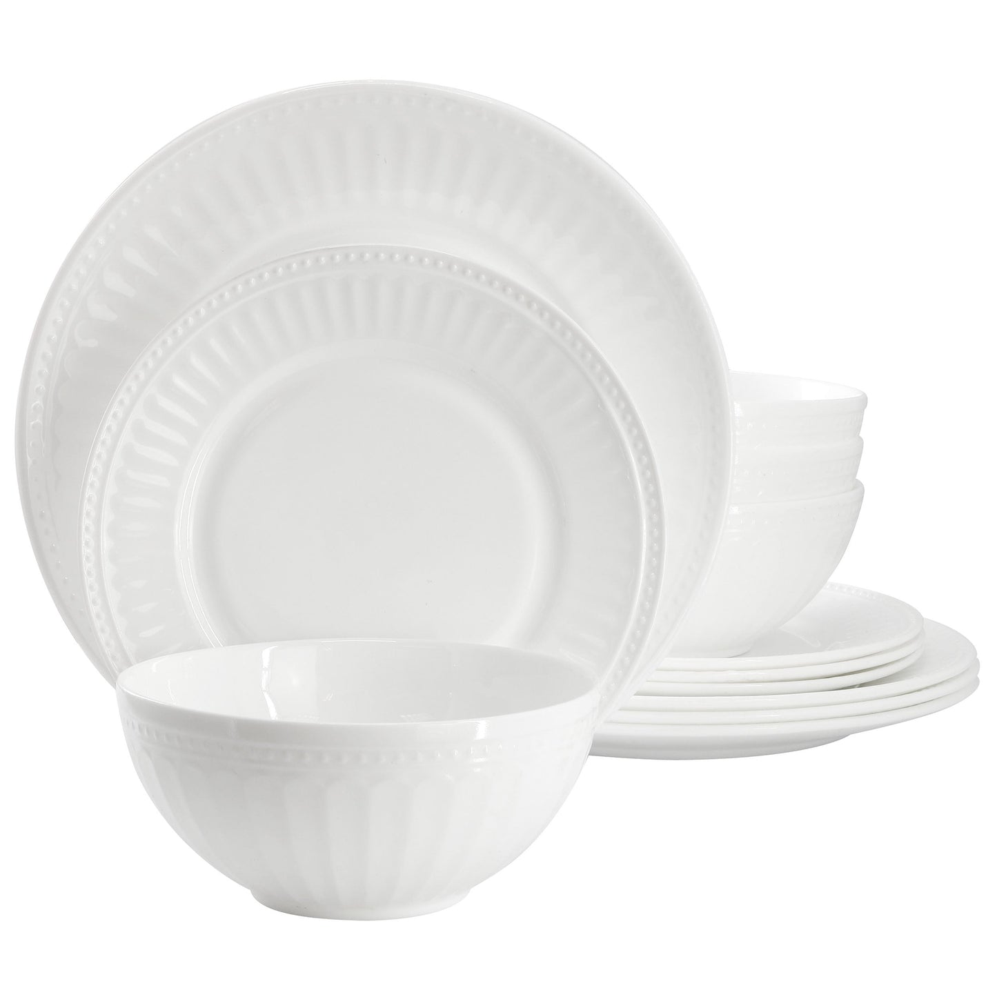Ultra by Gibson Swanton Arch 12 Piece Break-Resistant Opal Glass Dinnerware Set in White W2B