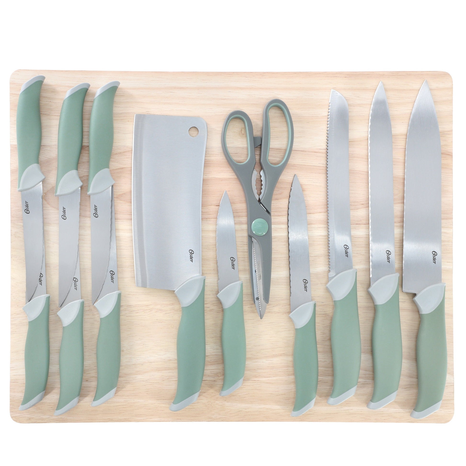 Oster Linbergh 14 Piece Stainless Steel Cutlery and Cutting Board Set in Green with Soft-Grip Handles W2B