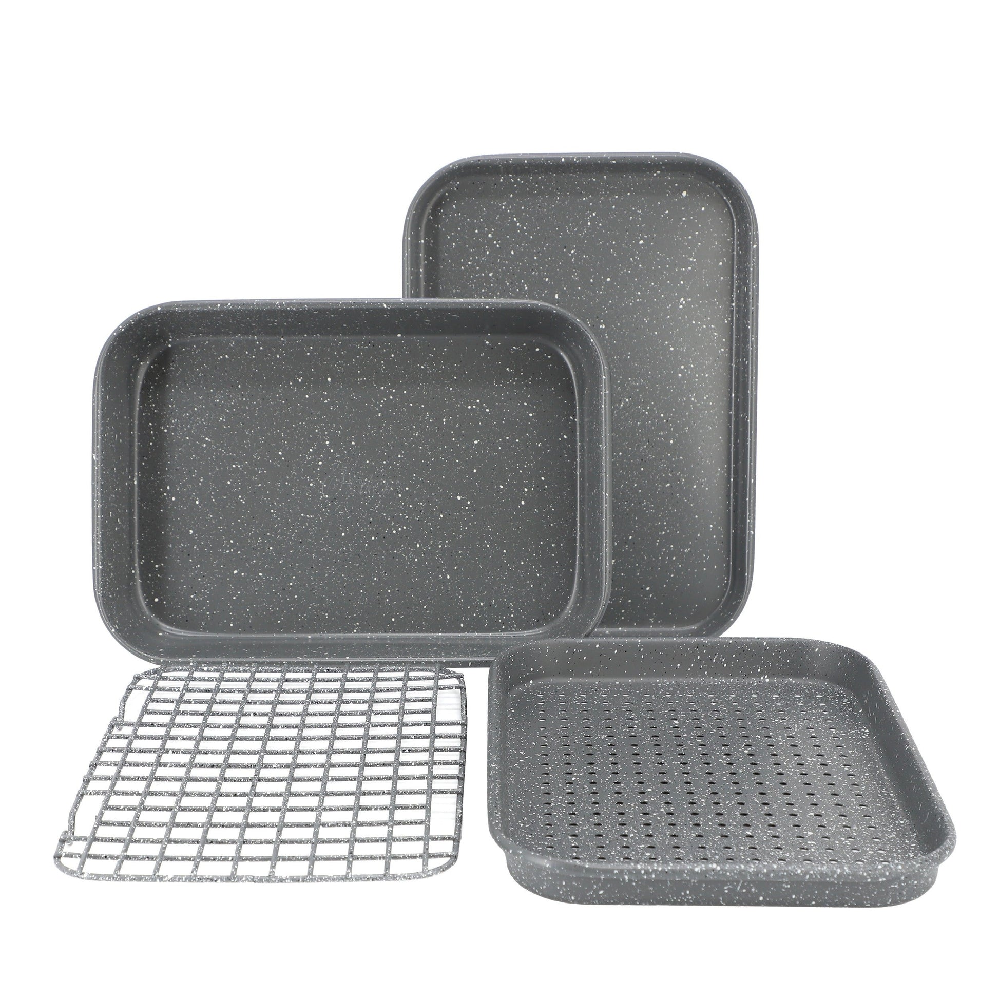 Oster Greystone 4 Piece Nonstick Carbon Steel Toaster Oven Bakeware Set in Speckled Grey W2B