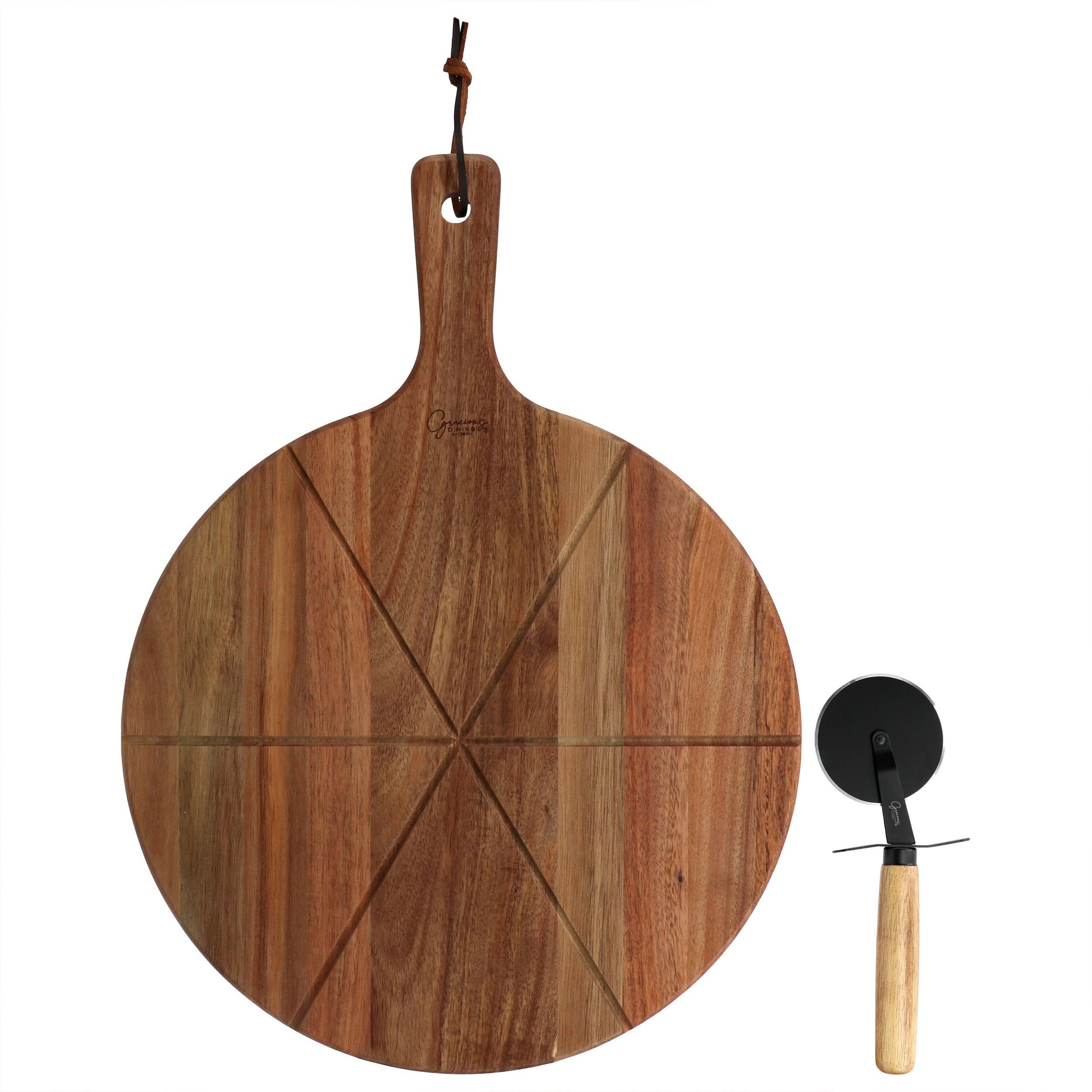 Gibson Elite 2 Piece Acacia Wood Serving Board and Pizza Cutter Set in Brown W2B