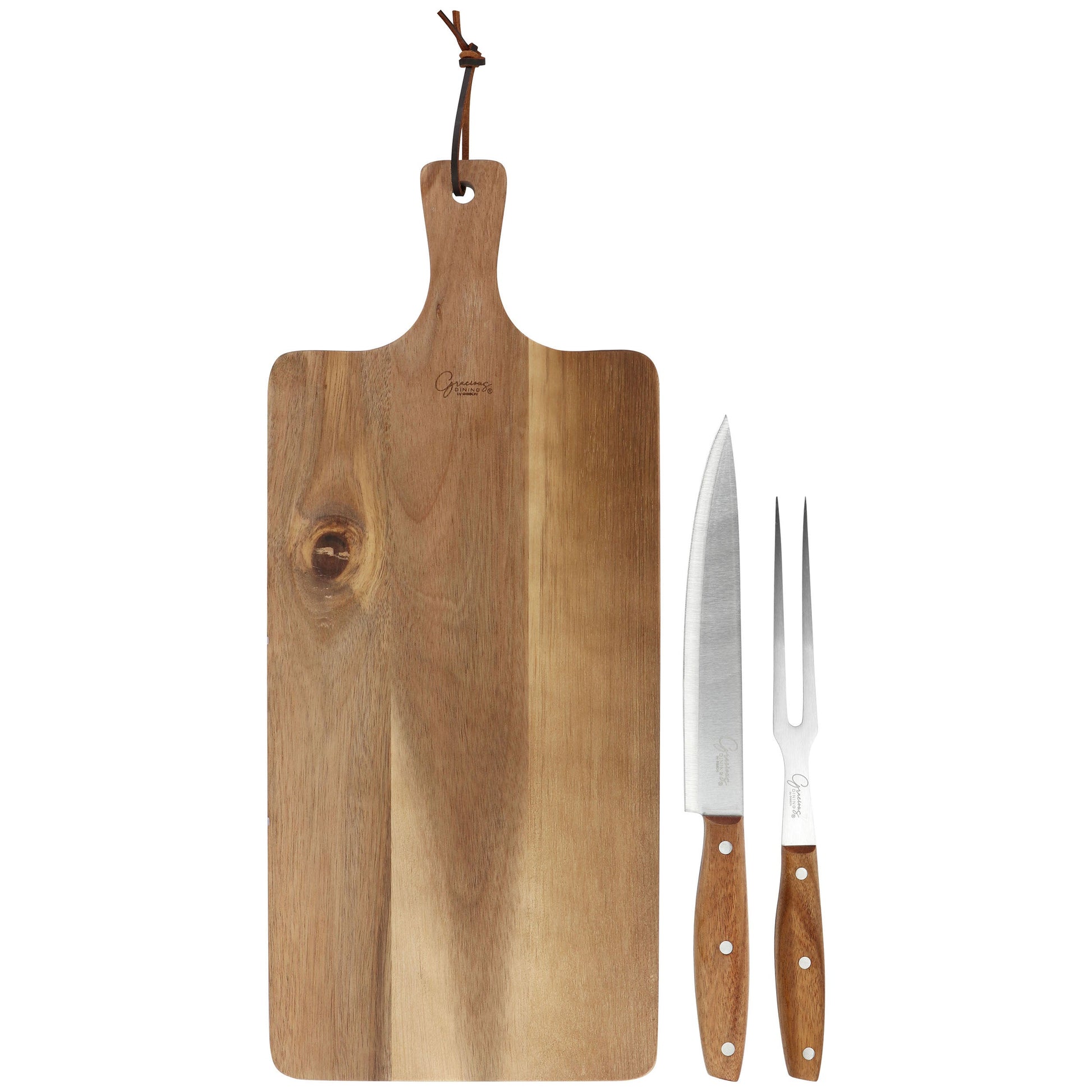 Gibson Elite 3 Piece Acacia Wood Serving Board with Carving Knife and Fork in Brown W2B