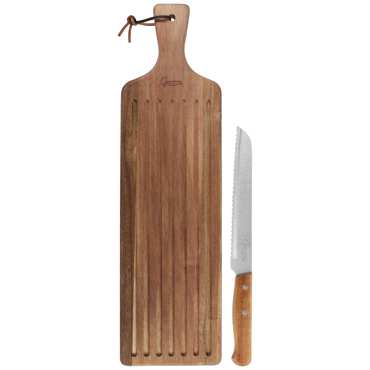 Gibson Elite 2 Piece Acacia Wood Serving Board and Bread Knife Set in Brown W2B