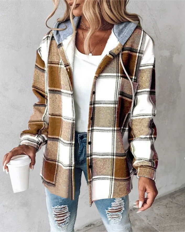Plaid Hooded Jacket Fashion Casual Button Pocket Coat Autumn And Winter Women's Clothing Accent Plus