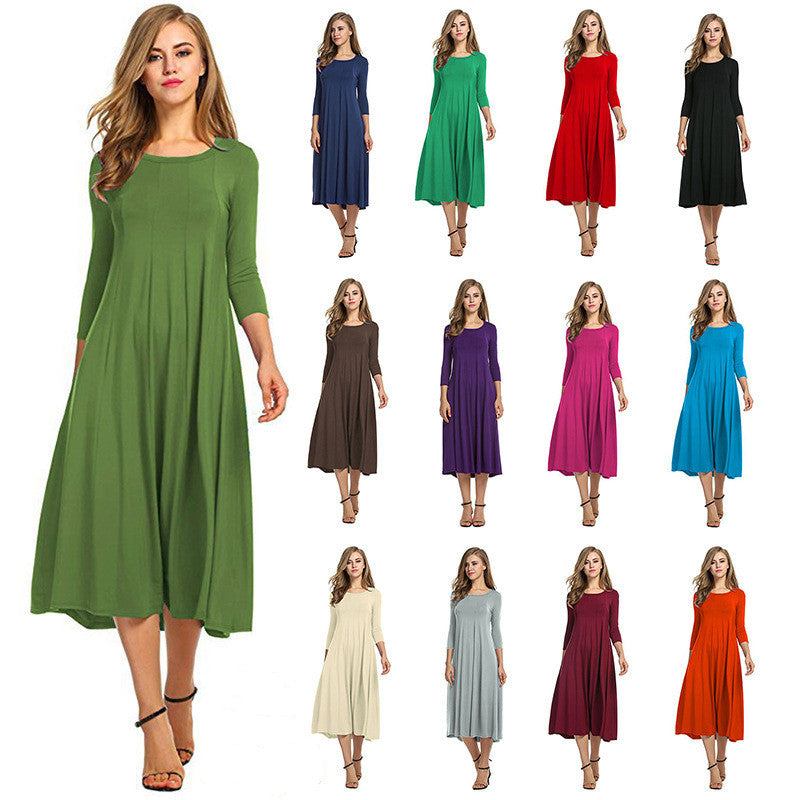 Crew Neck Sleeve Solid Color Swing Dress Best YouTube Store