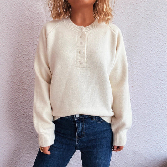 Women's Solid Color Buttons Casual Knitted Round Neck Long Sleeve Warm Sweater LadyShow.Store