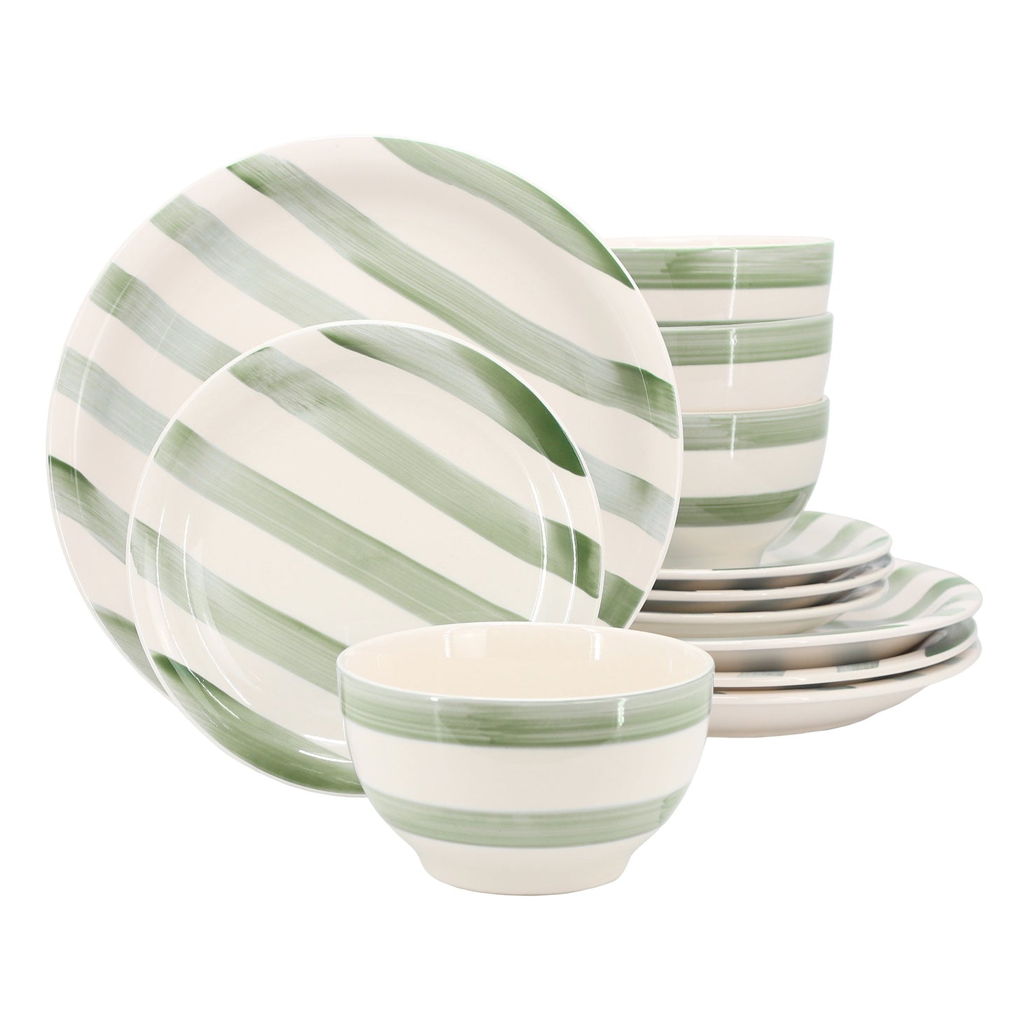 Gibson Home Kenwood Shores 12 Piece Stoneware Dinnerware Set in Green Stripe W2B