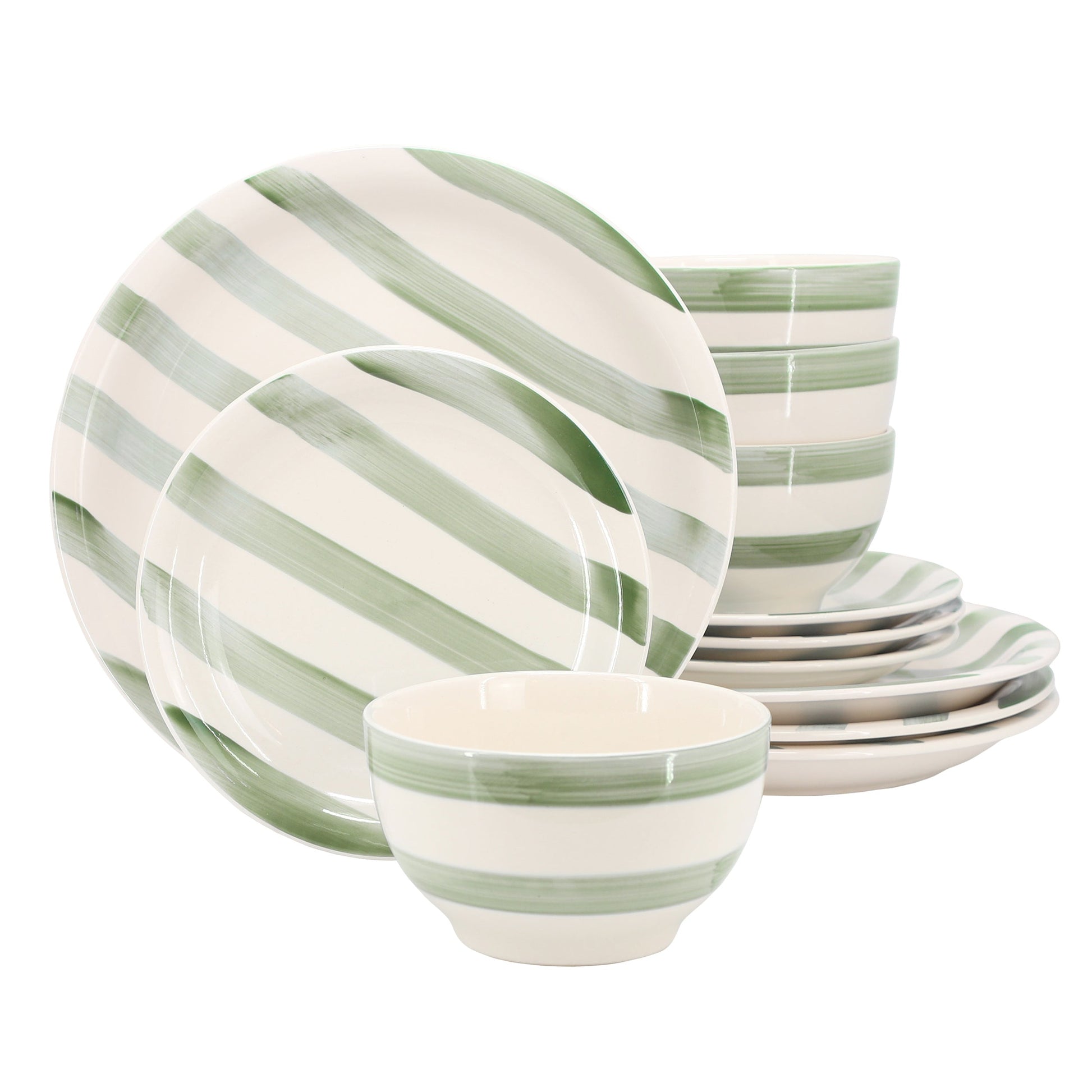 Gibson Home Kenwood Shores 12 Piece Stoneware Dinnerware Set in Green Stripe W2B