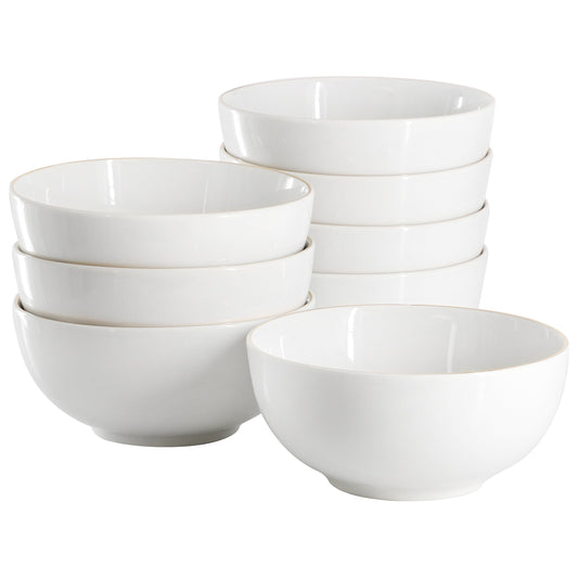 Gibson Home Ogalla 8 Piece Fine Ceramic 6 Inch 22 Ounce Cereal Bowl Set in White with Gold Rim W2B