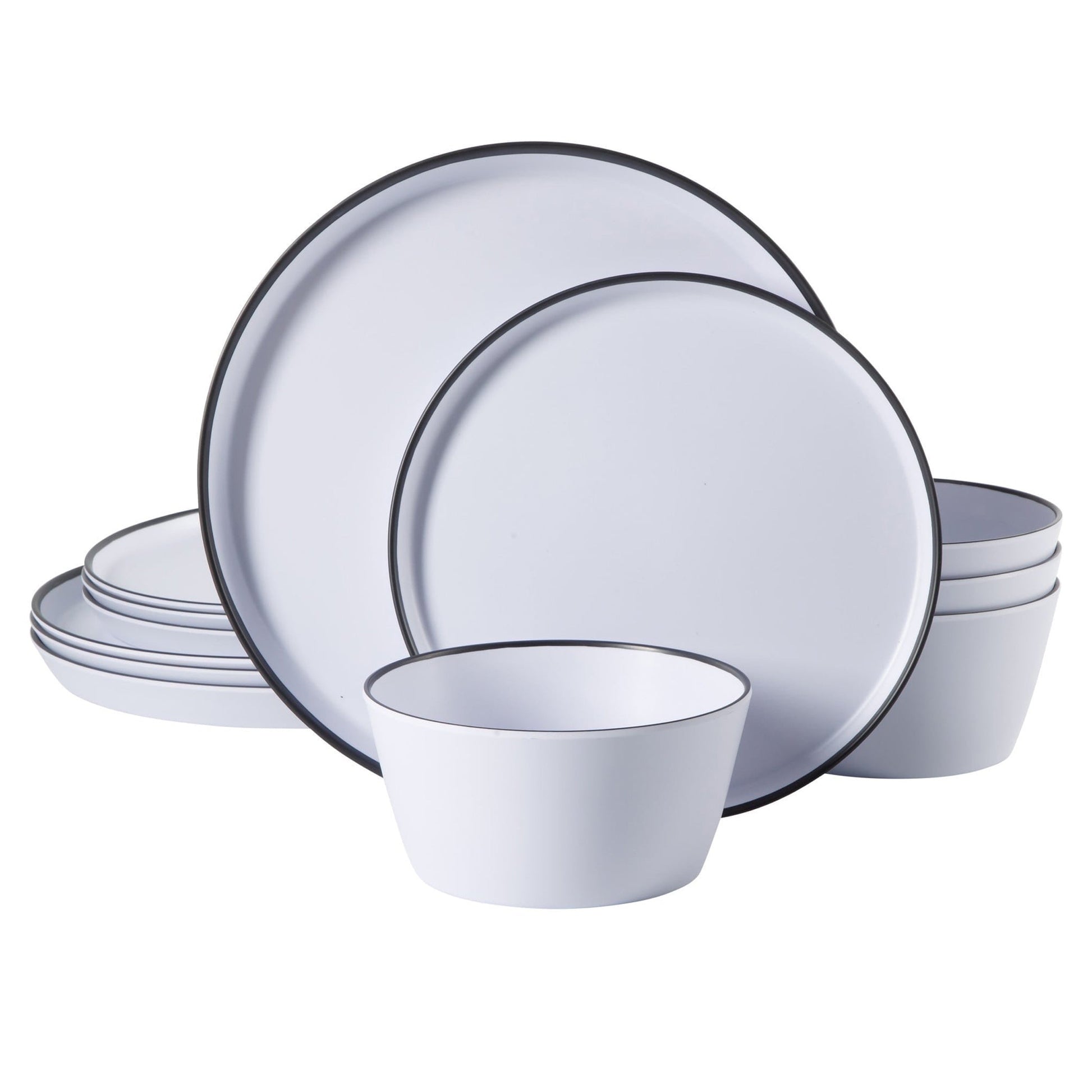 Gibson Home Folsom Shores 12 Piece Melamine Dinnerware Set in White w/ Black Rim W2B