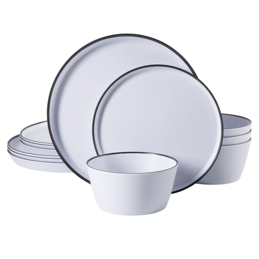 Gibson Home Folsom Shores 12 Piece Melamine Dinnerware Set in White w/ Black Rim W2B