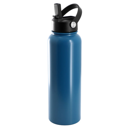 Gibson Home Marina 38 Ounce Double Wall Stainless Steel Thermal Bottle with Lid and Straw in Matte Blue W2B