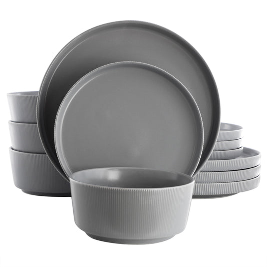 Gibson Home Dempsey Road 12 Piece Stoneware Dinnerware Set in Grey W2B