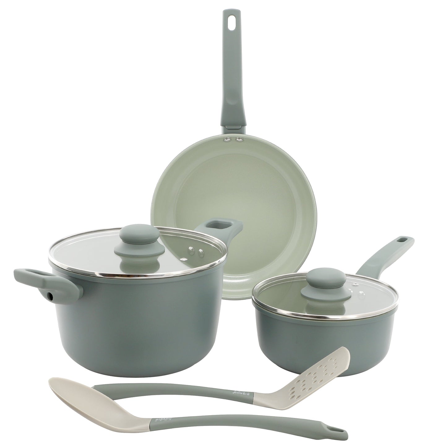 Gibson Home Barnsdall 7 Piece Ceramic Nonstick Aluminum Cookware Set in Sage Green W2B