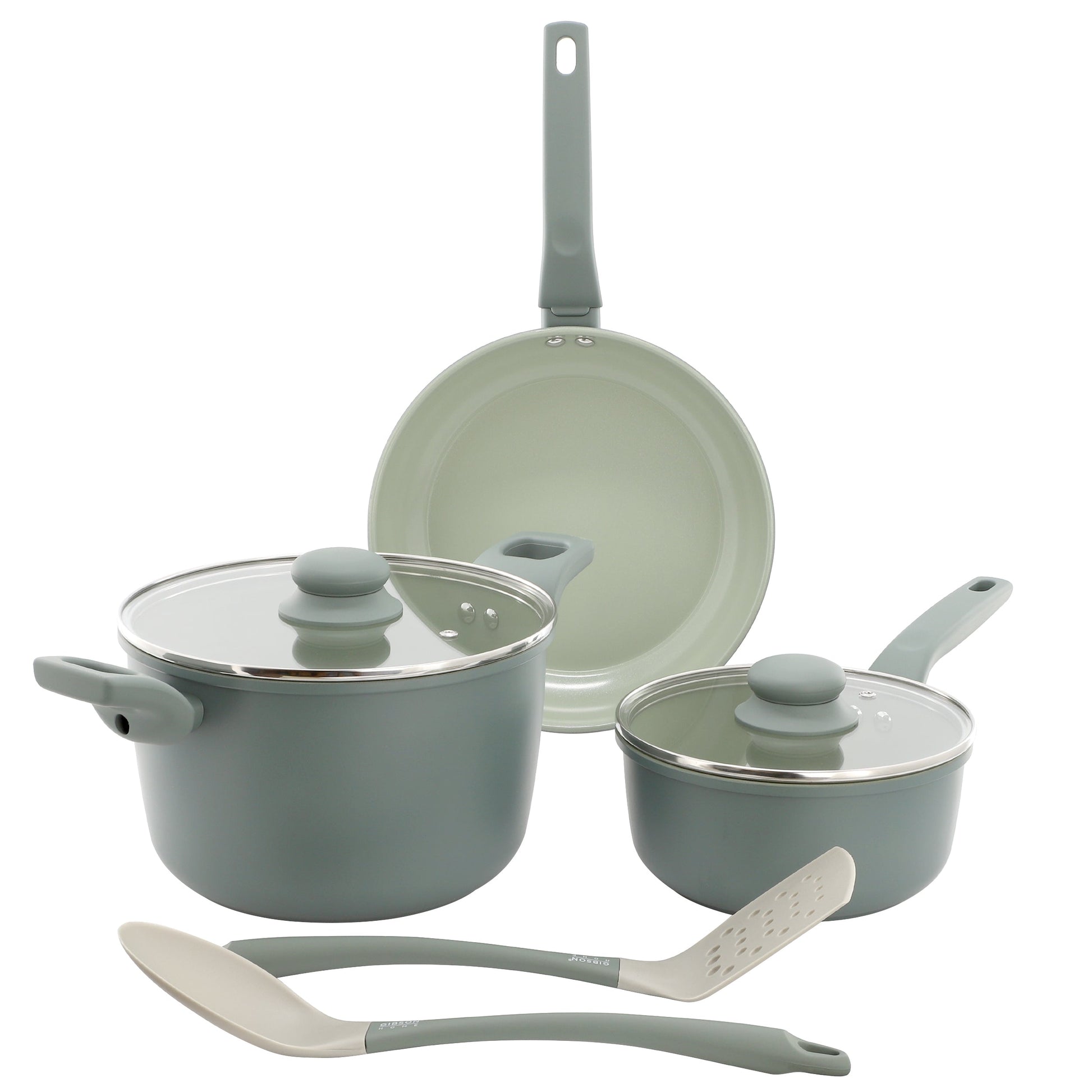 Gibson Home Barnsdall 7 Piece Ceramic Nonstick Aluminum Cookware Set in Sage Green W2B