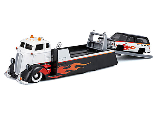 COE Flatbed Truck White and Black with Flame Graphics and 1979 Chevrolet K5 Blazer Black and White with Flame Graphics "Elite Transport" Series 1/64 Diecast Models by Maisto Maisto