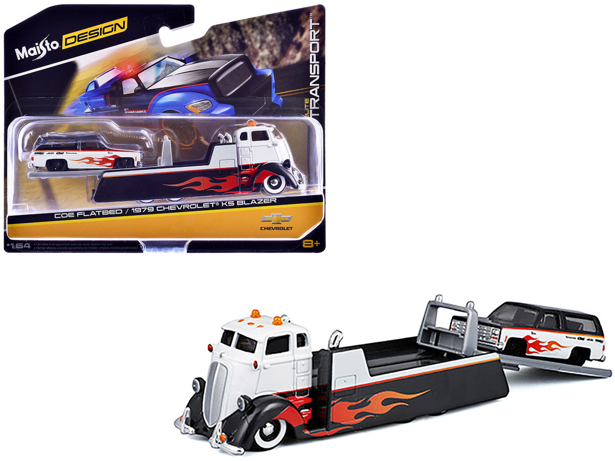 COE Flatbed Truck White and Black with Flame Graphics and 1979 Chevrolet K5 Blazer Black and White with Flame Graphics "Elite Transport" Series 1/64 Diecast Models by Maisto Maisto