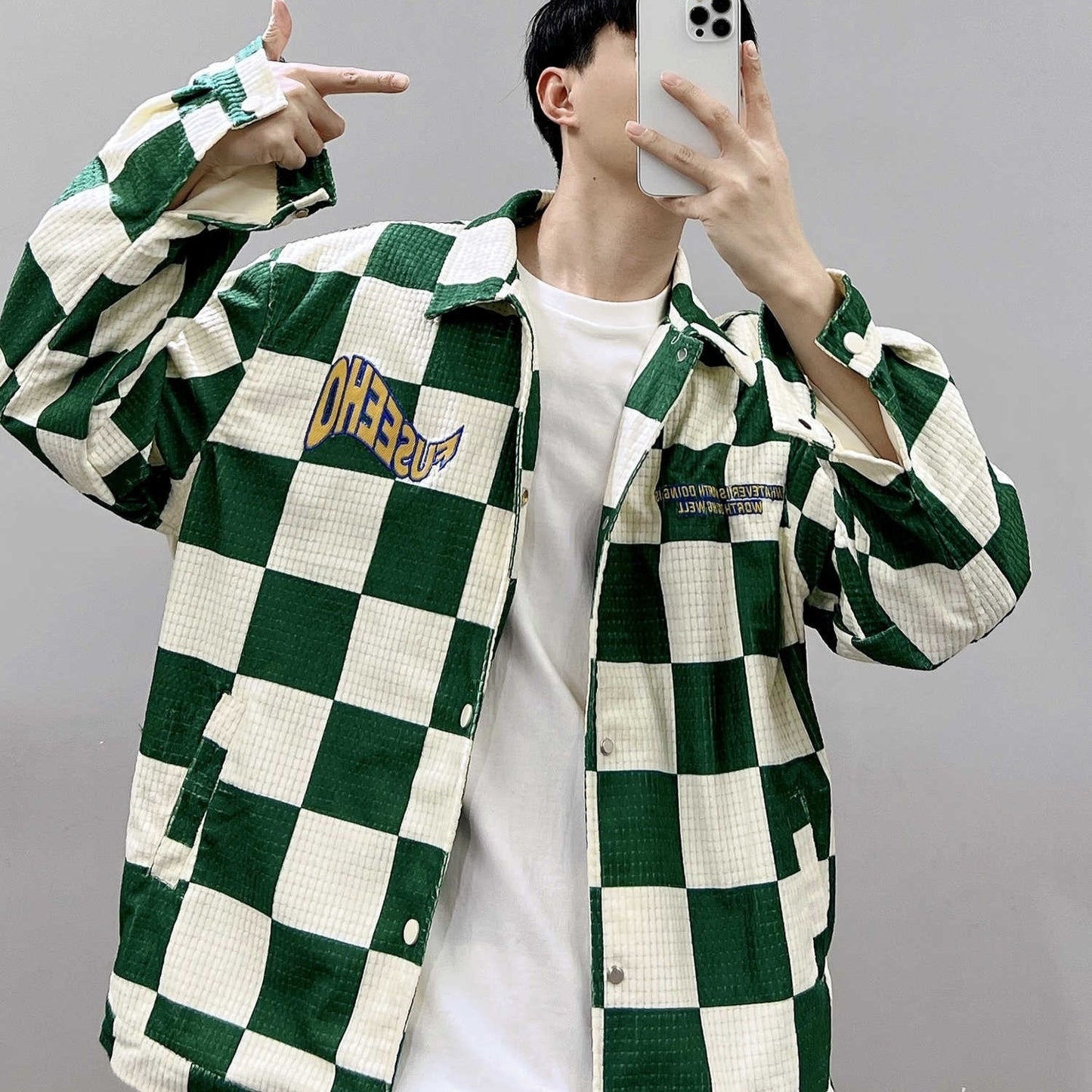 Retro Green Plaid Lapel Jacket - Loose Fit Printed Polyester Casual Coat LadyShow.Store