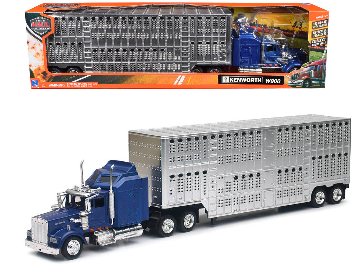 Kenworth W900 Truck Blue with Potbelly Livestock Trailer Chrome "Long Haul Truckers" Series 1/43 Diecast Model by New Ray New Ray