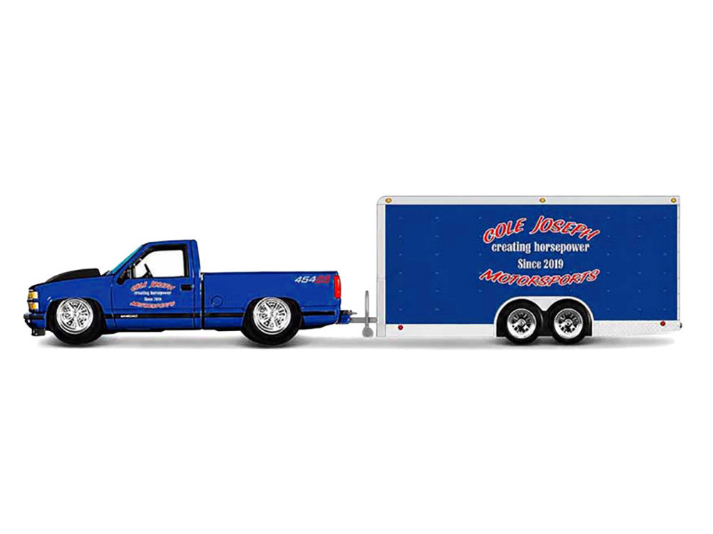 1993 Chevrolet 454 SS Pickup Truck Blue Metallic with Black Hood and Car Trailer Blue Metallic "Cole Joseph Motorsports" "Tow & Go" Series 1/64 Diecast Model Car by Maisto Maisto