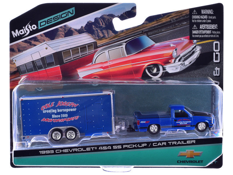 1993 Chevrolet 454 SS Pickup Truck Blue Metallic with Black Hood and Car Trailer Blue Metallic "Cole Joseph Motorsports" "Tow & Go" Series 1/64 Diecast Model Car by Maisto Maisto