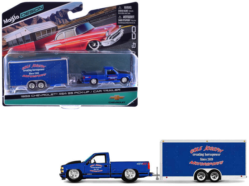1993 Chevrolet 454 SS Pickup Truck Blue Metallic with Black Hood and Car Trailer Blue Metallic "Cole Joseph Motorsports" "Tow & Go" Series 1/64 Diecast Model Car by Maisto Maisto