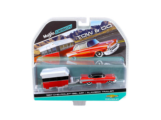 1957 Chevrolet Bel Air with Alameda Trailer Red Tow & Go 1/64 Diecast Model by Maisto Maisto