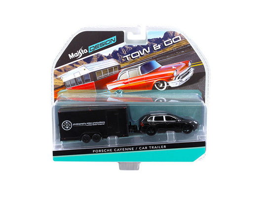 Porsche Cayenne Black and Car Trailer Tow & Go 1/64 Diecast Model by Maisto Maisto