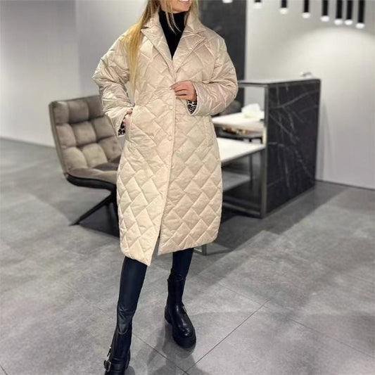 Winter Rhombus Stitching Coat Warm Solid Color Pocket Lapel Long Jacket Women's Clothing LadyShow.Store