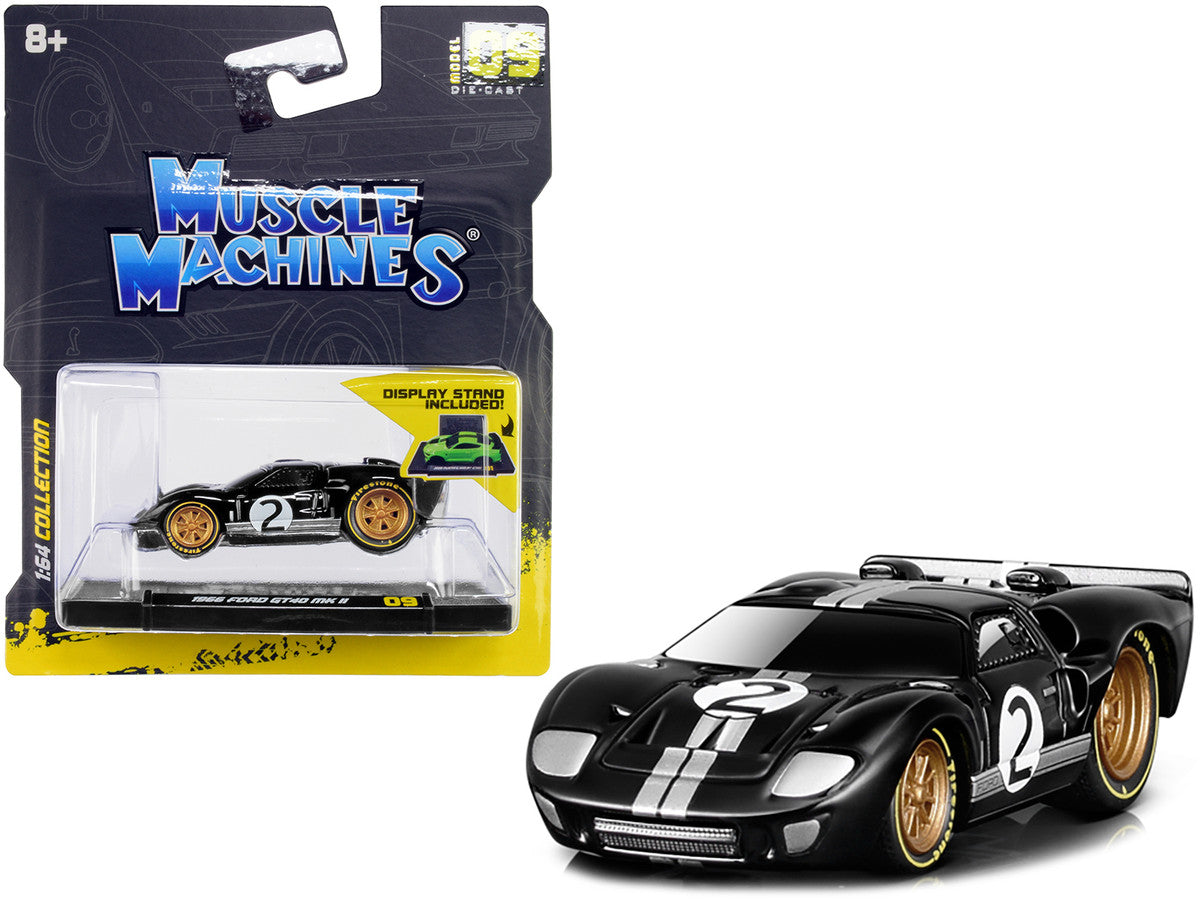 1966 Ford GT40 MKII #2 Black with Silver Stripes and Gold Wheels 1/64 Diecast Model Car by Muscle Machines Muscle Machines