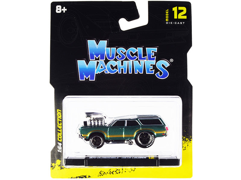 1970 Oldsmobile Vista Cruiser 442 Green Metallic with Gold Stripes 1/64 Diecast Model Car by Muscle Machines Muscle Machines