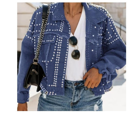 Washed denim rivet jacket street fighter motorcycle style LadyShow.Store