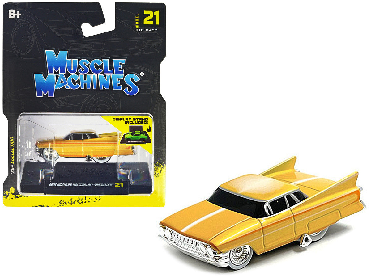 Gene Winfield’s 1961 Cadillac Maybelline Yellow Metallic with White Stripes 1/64 Diecast Model Car by Muscle Machines Muscle Machines