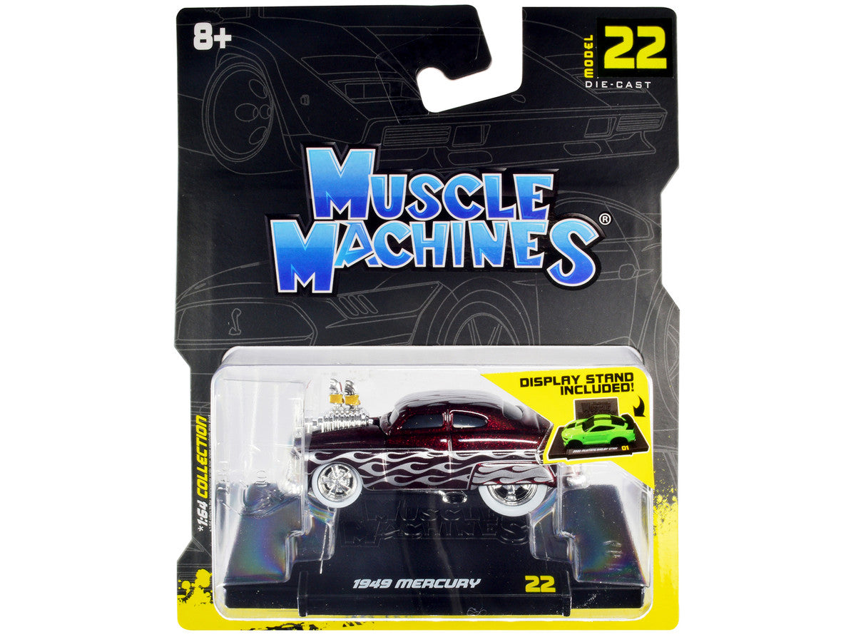1949 Mercury Custom Coupe Dark Red Metallic with Flames 1/64 Diecast Model Car by Muscle Machines Muscle Machines